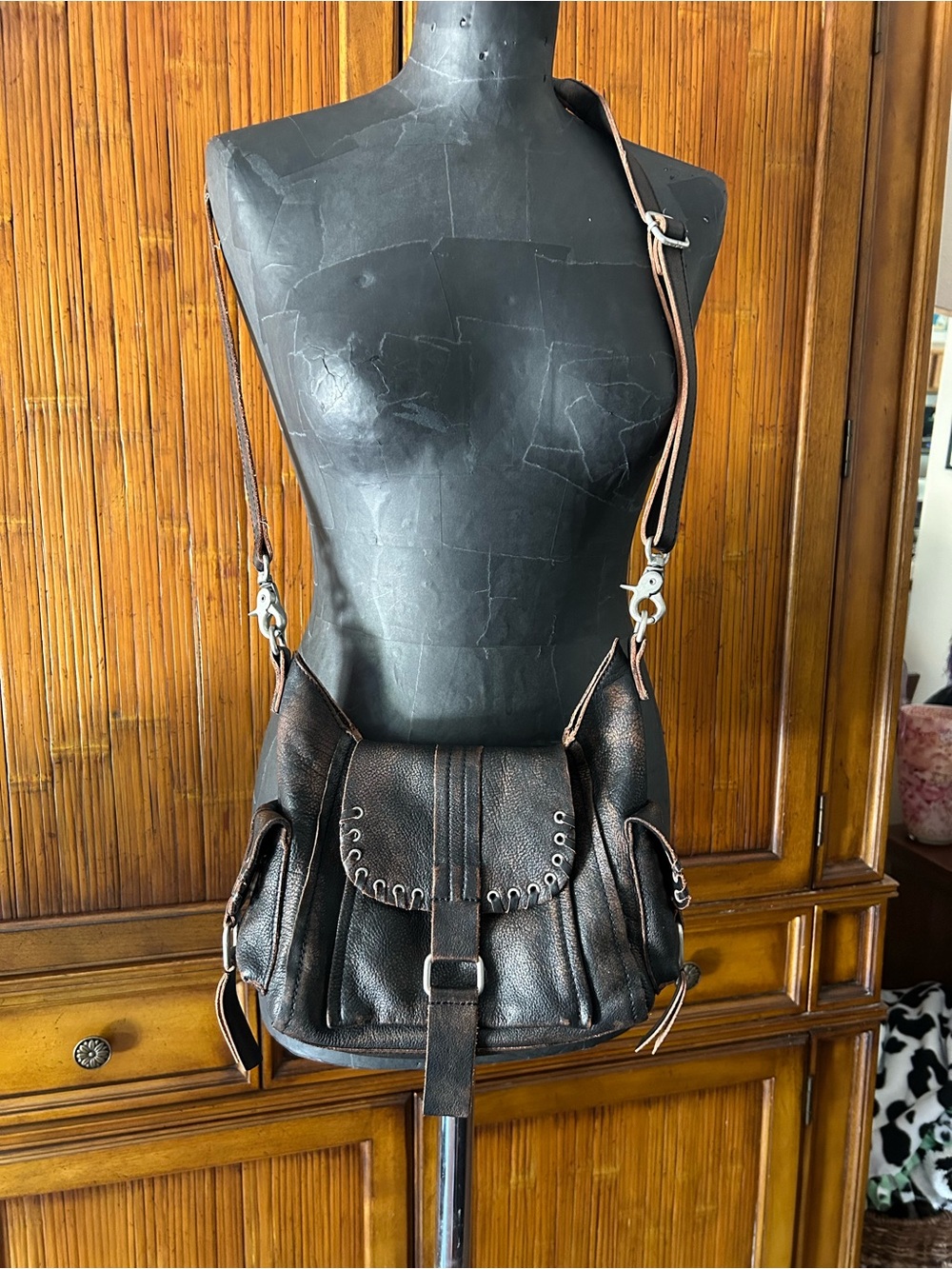 Free People Dark Brown Leather Crossbody Satchel with Buckle Detail